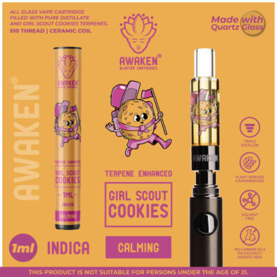 Awaken® Blaster Cartridge™ filled with Girl Scout Cookies Terpenes and Distillate.
