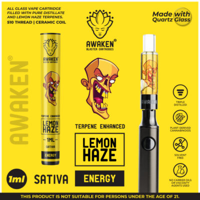 Awaken® Blaster Cartridge™ filled with Lemon Haze Terpenes and Distillate.