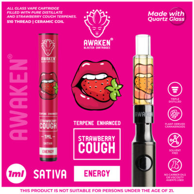Awaken® Blaster Cartridge™ filled with Strawberry Cough Terpenes and Distillate.