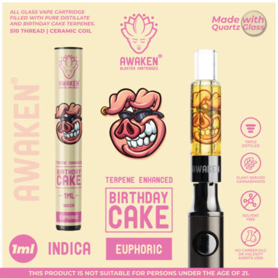 Awaken® Blaster Cartridge™ filled with Birthday Cake Terpenes and Distillate