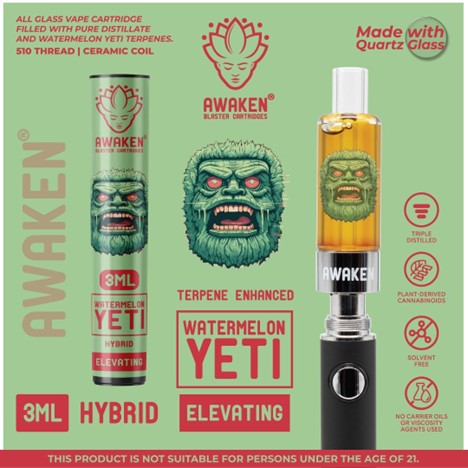 Watermelon Yeti 1ml without Battery Awaken Vapes THC Vapes